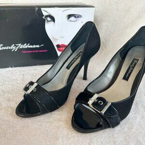 Beverly Feldman Black Suede Peep Toe Heel